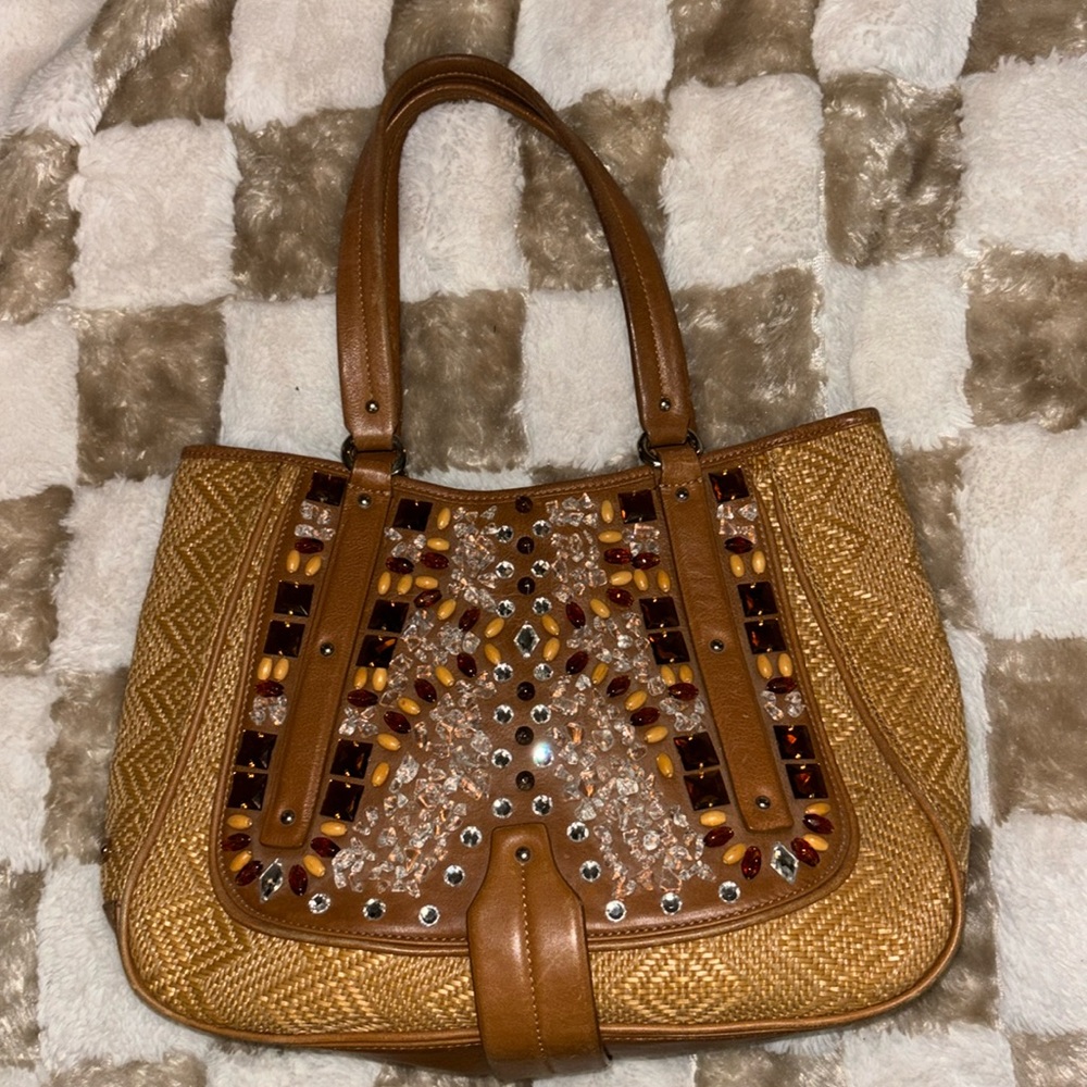 DESIGNER COLE HAAN LARGE LEATHER AND SYDNEY STRAW W/ RHINESTONE HANDBAG PURSE